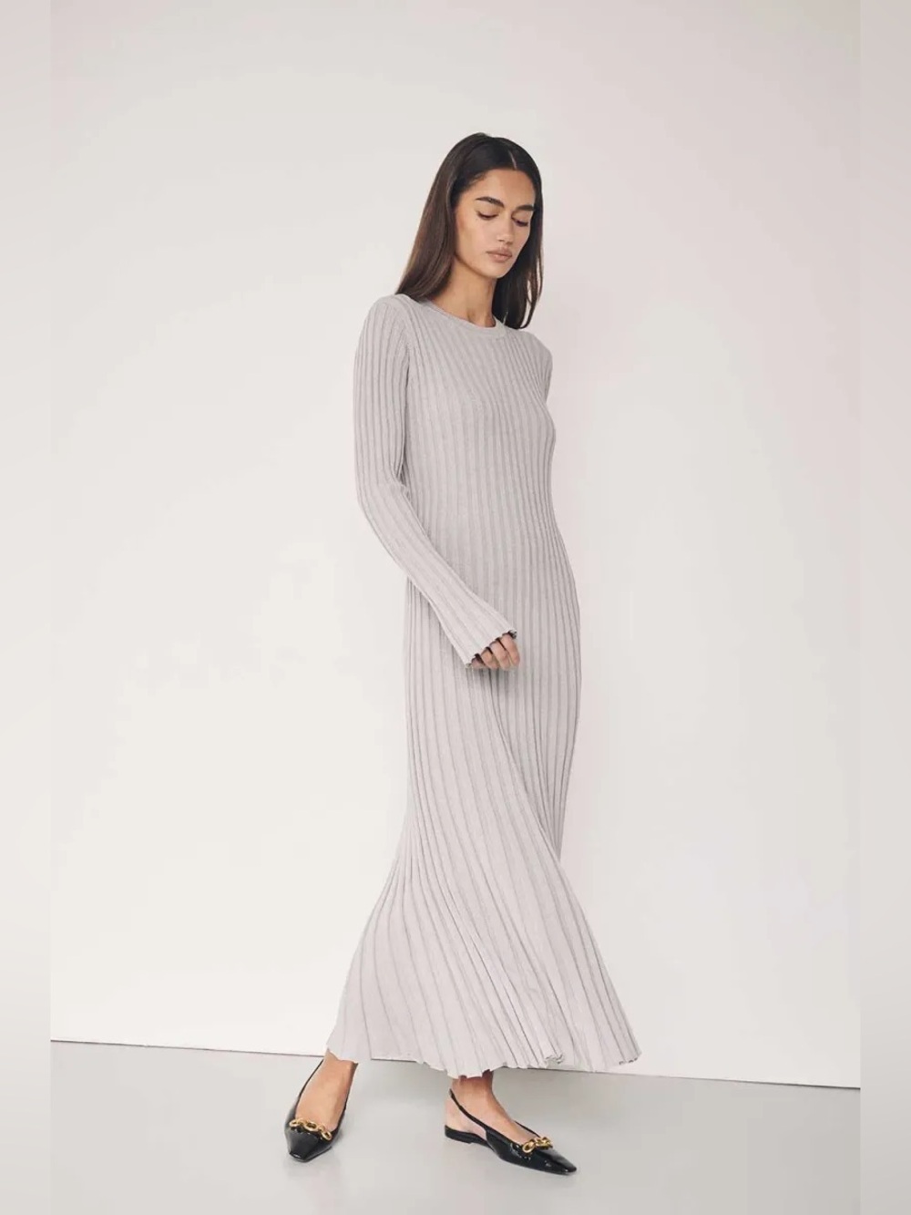 $160 DISSH Ada Silver Grey Long Sleeve Knit Midi Dress, Size XS